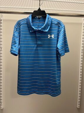 Under Armour Bright Blue and Orange Striped Golf Polo, Size 7